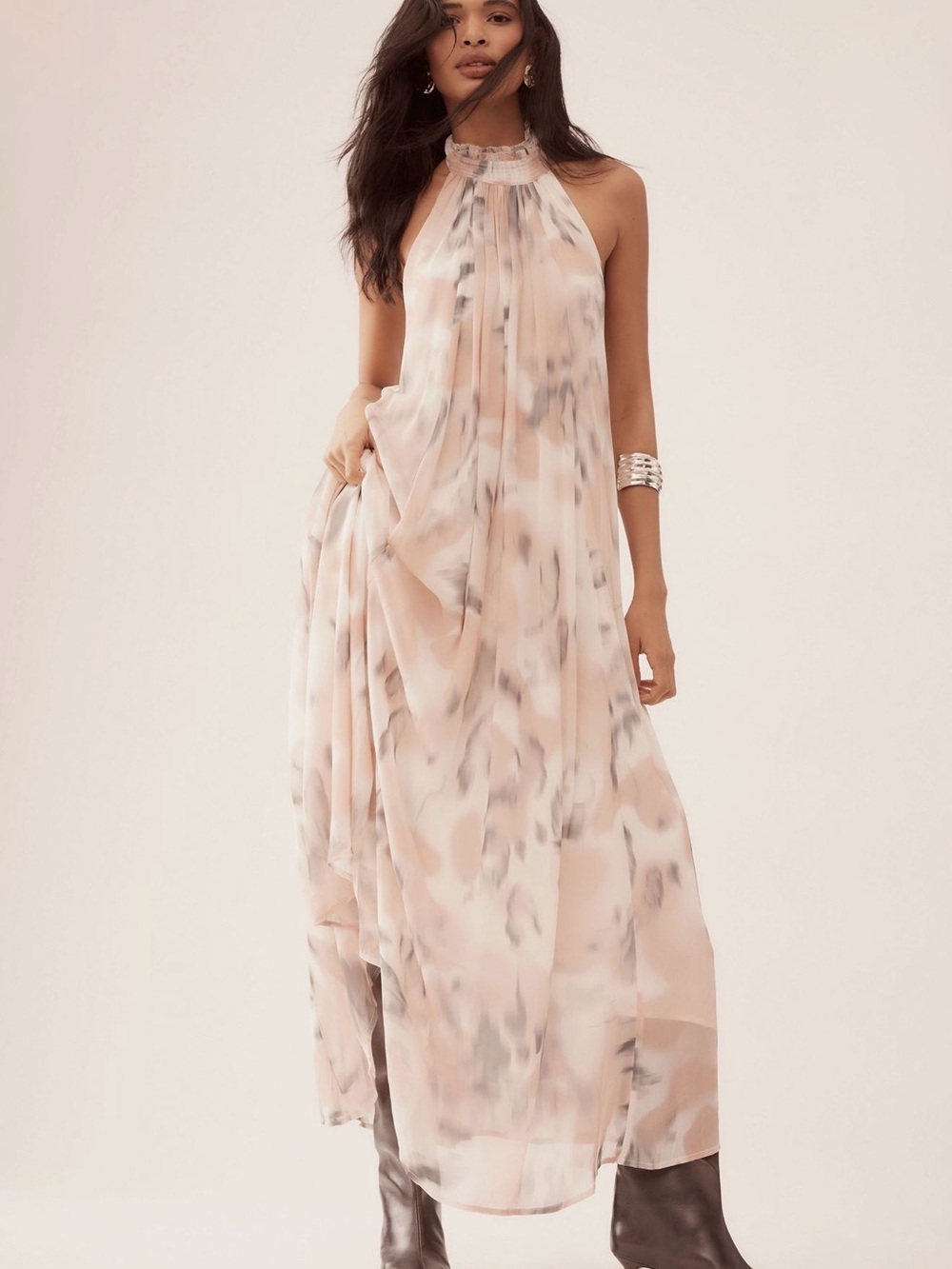 Maeve Sheer Sleeveless Halter Pink Marble Maxi Dress